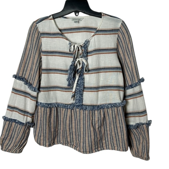 American Eagle boho top, linen cotton ,fringes,tassels,striped,twee,fun,festival - Picture 6 of 16